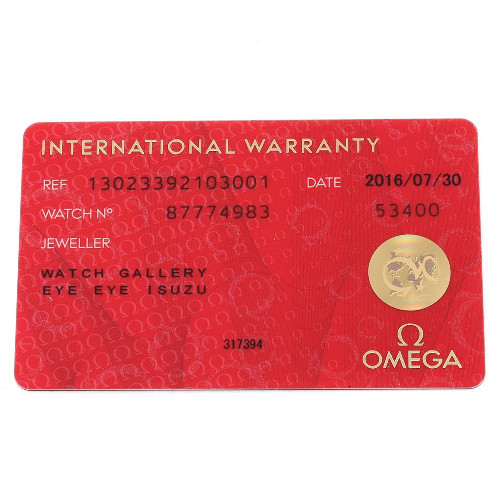 The image shows the international warranty card for the Constellation model Omega watch.