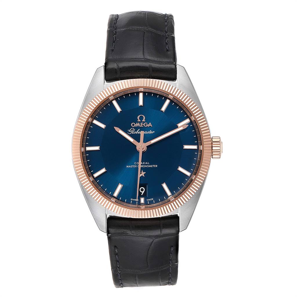 This image shows a front view of an Omega Constellation 130.23.39.21.03.001 Men's Steel and Gold (two tone) Blue Dial 130.23.39.21.03.001 Men's Steel and Gold (two tone) Blue Dial watch, featuring a blue dial, gold bezel, and black leather strap.