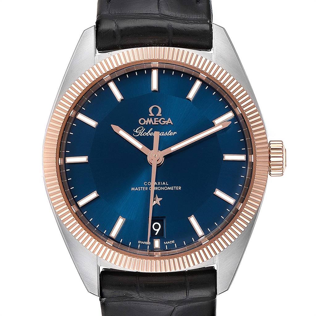 The image shows a front view of the Omega Constellation 130.23.39.21.03.001 Men's Steel and Gold (two tone) Blue Dial 130.23.39.21.03.001 Men's Steel and Gold (two tone) Blue Dial watch, highlighting its blue dial, gold accents, and black leather strap.