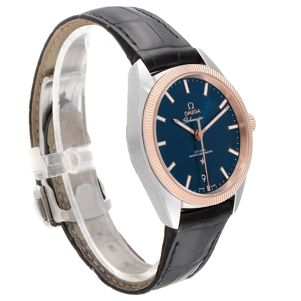 The image shows a side-angle view of the Omega Constellation 130.23.39.21.03.001 Men's Steel and Gold (two tone) Blue Dial 130.23.39.21.03.001 Men's Steel and Gold (two tone) Blue Dial watch, featuring its face, bezel, and strap.