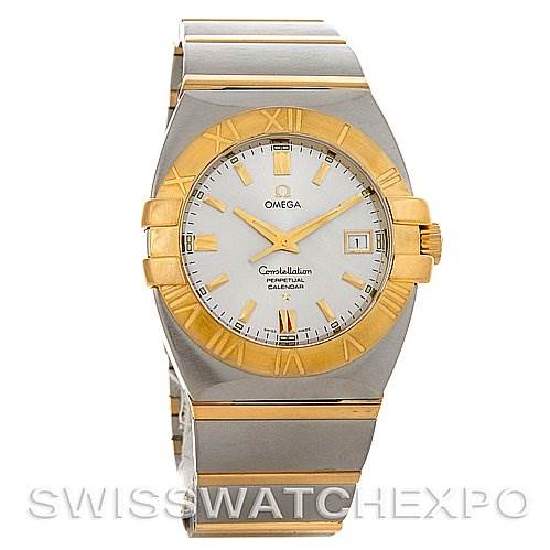 The image shows a frontal view of an Omega Constellation 1211.30.00 OR 12133000 Men's Steel and Gold (two tone) Silver Dial 1211.30.00 OR 12133000 Men's Steel and Gold (two tone) Silver Dial watch, featuring a gold bezel, silver dial, and two-tone bracelet.