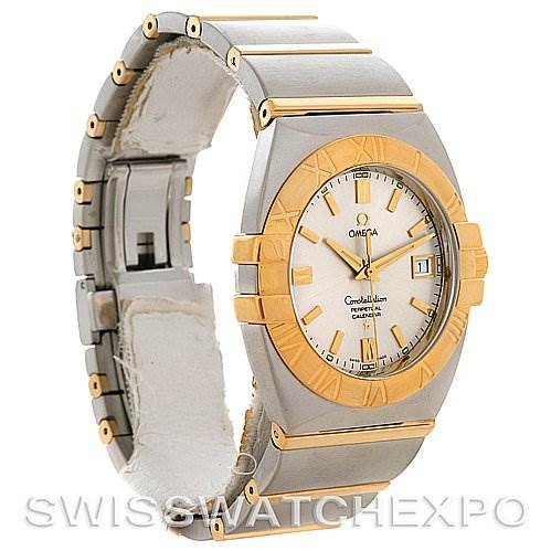 The image shows an Omega Constellation 1211.30.00 OR 12133000 Men's Steel and Gold (two tone) Silver Dial 1211.30.00 OR 12133000 Men's Steel and Gold (two tone) Silver Dial watch from a slight side angle, highlighting its two-tone metal bracelet and bezel.