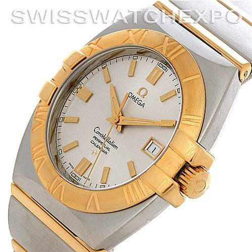 The image shows an angled view of the Omega Constellation 1211.30.00 OR 12133000 Men's Steel and Gold (two tone) Silver Dial 1211.30.00 OR 12133000 Men's Steel and Gold (two tone) Silver Dial watch, highlighting the dial, bezel, and part of the bracelet.