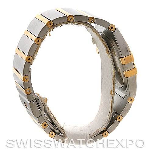 The image shows a side view of the Omega Constellation 1211.30.00 OR 12133000 Men's Steel and Gold (two tone) Silver Dial 1211.30.00 OR 12133000 Men's Steel and Gold (two tone) Silver Dial watch bracelet, featuring a combination of steel and gold links.