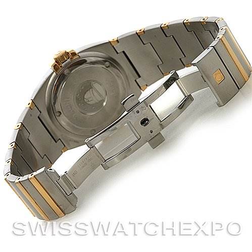 The image shows the back view and bracelet of an Omega Constellation 1211.30.00 OR 12133000 Men's Steel and Gold (two tone) Silver Dial 1211.30.00 OR 12133000 Men's Steel and Gold (two tone) Silver Dial watch, highlighting the clasp and case back.