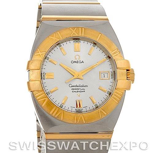 The Omega Constellation 1211.30.00 OR 12133000 Men's Steel and Gold (two tone) Silver Dial 1211.30.00 OR 12133000 Men's Steel and Gold (two tone) Silver Dial watch is shown from the front, highlighting the dial, bezel, hands, and strap.