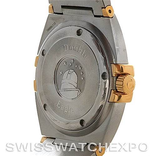 The image shows the back case and part of the bracelet, including the crown, of an Omega Constellation 1211.30.00 OR 12133000 Men's Steel and Gold (two tone) Silver Dial 1211.30.00 OR 12133000 Men's Steel and Gold (two tone) Silver Dial Double Eagle watch.