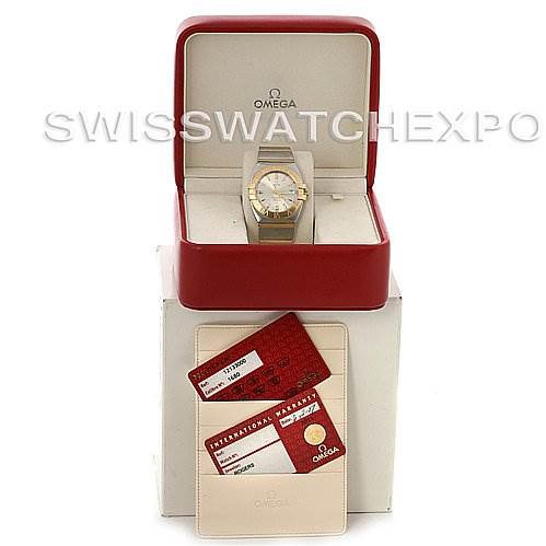 The image shows an Omega Constellation 1211.30.00 OR 12133000 Men's Steel and Gold (two tone) Silver Dial 1211.30.00 OR 12133000 Men's Steel and Gold (two tone) Silver Dial watch in its open red box, displayed with warranty cards and documentation.