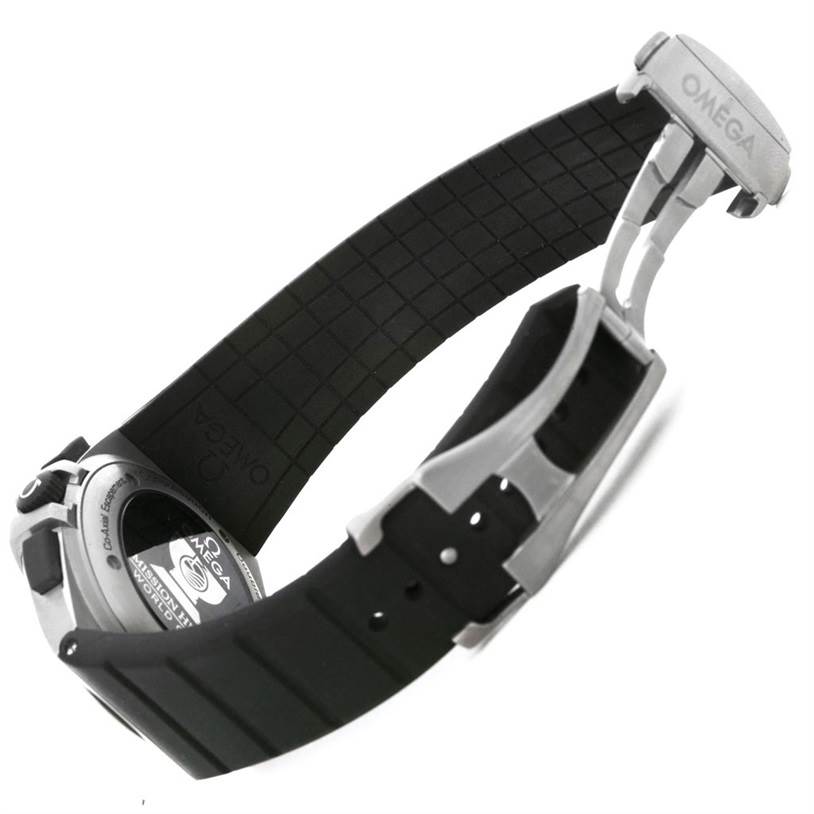 The image shows the back and rubber strap of the Omega Constellation 121.92.41.50.01.001 Men's Titanium Black Dial 121.92.41.50.01.001 Men's Titanium Black Dial model watch, including the clasp and part of the case back.