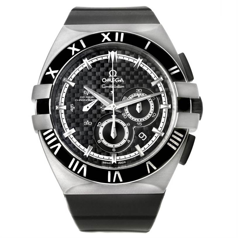 The image shows a front view of the Omega Constellation 121.92.41.50.01.001 Men's Titanium Black Dial 121.92.41.50.01.001 Men's Titanium Black Dial watch, highlighting its dial, hands, and bezel.