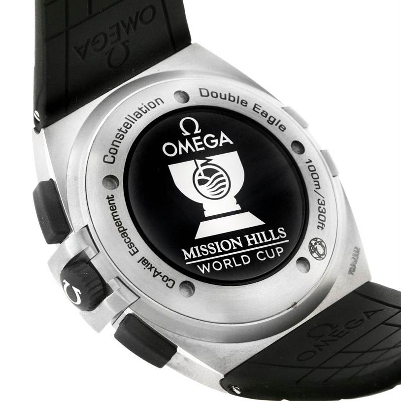 The image shows the back case and strap of an Omega Constellation 121.92.41.50.01.001 Men's Titanium Black Dial 121.92.41.50.01.001 Men's Titanium Black Dial Mission Hills World Cup watch at a slight angle.