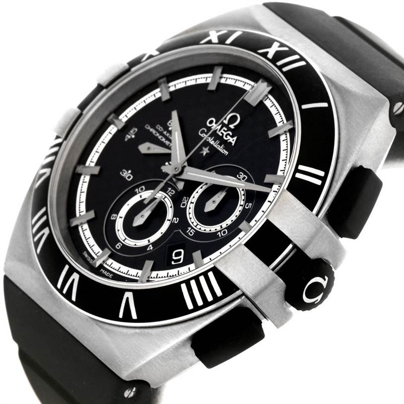 The Omega Constellation 121.92.41.50.01.001 Men's Titanium Black Dial 121.92.41.50.01.001 Men's Titanium Black Dial watch is shown at an angled close-up, displaying its face, bezel, and part of the strap.