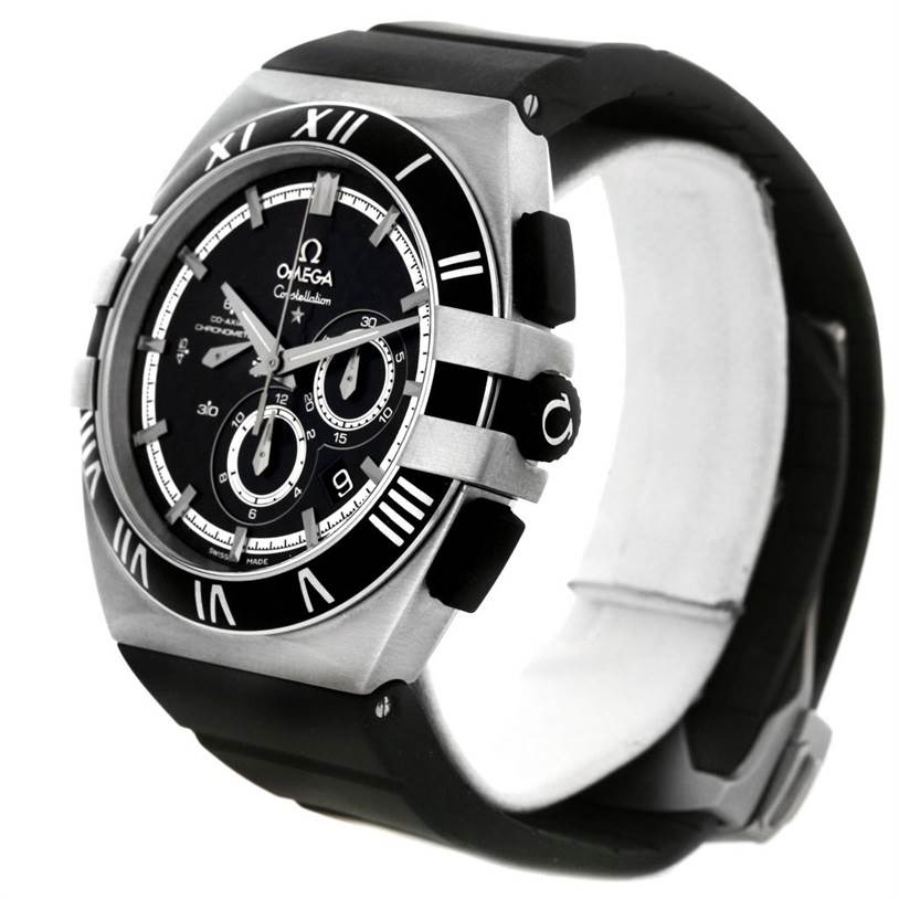 The image shows a side-front angle of an Omega Constellation 121.92.41.50.01.001 Men's Titanium Black Dial 121.92.41.50.01.001 Men's Titanium Black Dial watch, highlighting the dial, bezel, crown, and strap.