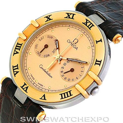 The Constellation model by Omega is displayed from a top angle, showing its gold bezel, detailed face, and leather straps.