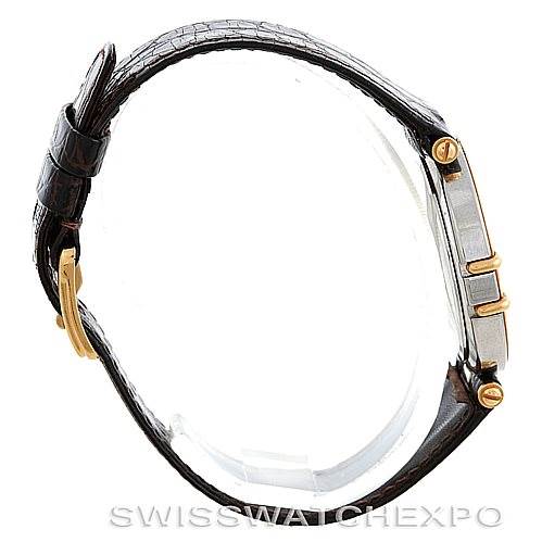 The image shows a side view of an Omega Constellation Men's Steel and Gold (two tone) Champagne Dial Men's Steel and Gold (two tone) Champagne Dial watch, highlighting its case, crown, and leather strap.