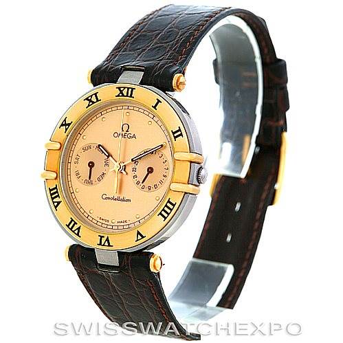 This image displays an Omega Constellation Men's Steel and Gold (two tone) Champagne Dial Men's Steel and Gold (two tone) Champagne Dial watch at a three-quarter angle, showcasing the dial, bezel, crown, case, and leather strap.