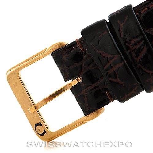 The image shows a close-up angle of the leather strap and gold buckle of an Omega Constellation Men's Steel and Gold (two tone) Champagne Dial Men's Steel and Gold (two tone) Champagne Dial watch.