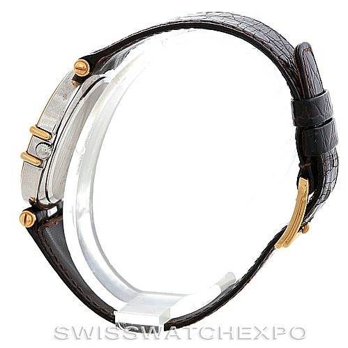 The image shows a side view of an Omega Constellation Men's Steel and Gold (two tone) Champagne Dial Men's Steel and Gold (two tone) Champagne Dial watch, highlighting its case, lugs, and leather strap.