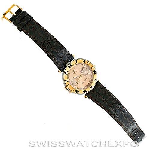 This image shows an Omega Constellation Men's Steel and Gold (two tone) Champagne Dial Men's Steel and Gold (two tone) Champagne Dial watch laid flat with its face, bezel, case, and entire leather strap visible from the top view.