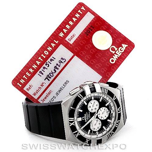 The image shows an Omega Constellation 1819.51.91 Men's Stainless Steel Black Dial 1819.51.91 Men's Stainless Steel Black Dial watch at an angle displaying the face and strap, alongside an international warranty card.