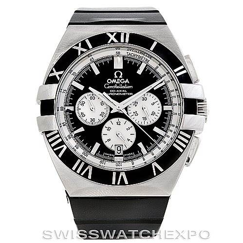 This image shows a front view of the Omega Constellation 1819.51.91 Men's Stainless Steel Black Dial 1819.51.91 Men's Stainless Steel Black Dial watch, featuring its dial, bezel with Roman numerals, and three subdials.