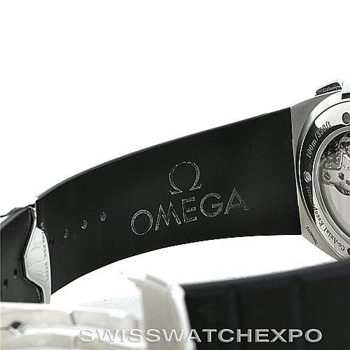 The image shows the back of an Omega Constellation 1819.51.91 Men's Stainless Steel Black Dial 1819.51.91 Men's Stainless Steel Black Dial watch, highlighting the inner strap with the Omega logo and part of the watch's movement.