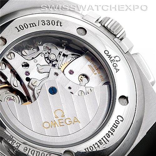 The image shows the back of the Omega Constellation 1819.51.91 Men's Stainless Steel Black Dial 1819.51.91 Men's Stainless Steel Black Dial watch, highlighting the movement and some of the engraved details.