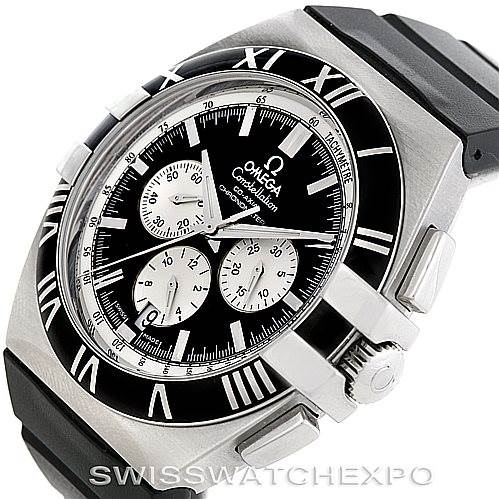 The image shows an Omega Constellation 1819.51.91 Men's Stainless Steel Black Dial 1819.51.91 Men's Stainless Steel Black Dial watch from a front angle, highlighting the bezel, crown, and chronograph subdials.