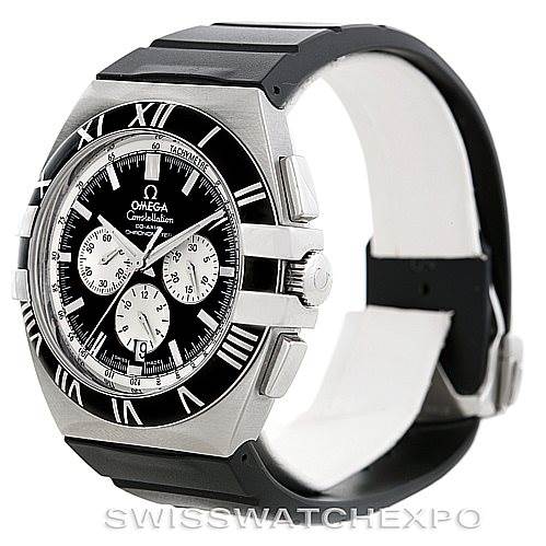 The image shows an Omega Constellation 1819.51.91 Men's Stainless Steel Black Dial 1819.51.91 Men's Stainless Steel Black Dial watch, featuring a side angle view of the face, bezel, crown, and strap.