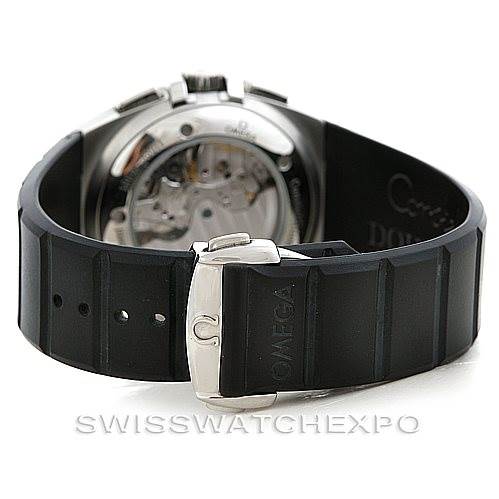 The image shows the back angle of an Omega Constellation 1819.51.91 Men's Stainless Steel Black Dial 1819.51.91 Men's Stainless Steel Black Dial watch featuring a black strap, clasp, and exposed movement.
