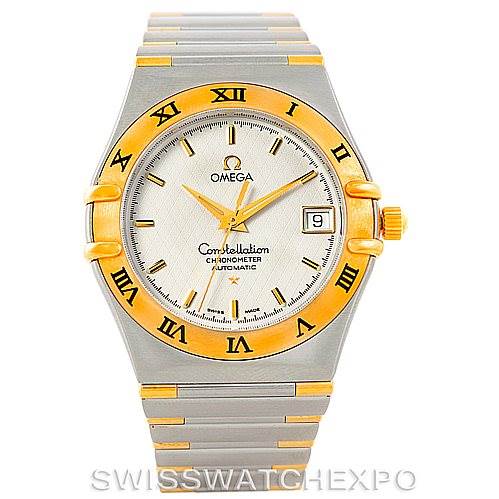 The image shows a front view of an Omega Constellation 1302.30.00 Men's Steel and Gold (two tone) Silver Dial 1302.30.00 Men's Steel and Gold (two tone) Silver Dial watch, highlighting its silver and gold design with a date window at 3 o'clock.