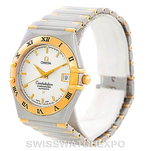 This image shows an Omega Constellation 1302.30.00 Men's Steel and Gold (two tone) Silver Dial 1302.30.00 Men's Steel and Gold (two tone) Silver Dial watch angled to display the face, bezel, crown, and part of the bracelet.