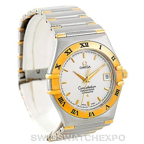 The image shows the Omega Constellation 1302.30.00 Men's Steel and Gold (two tone) Silver Dial 1302.30.00 Men's Steel and Gold (two tone) Silver Dial watch at a slight angle, displaying the face, bezel, and part of the bracelet.