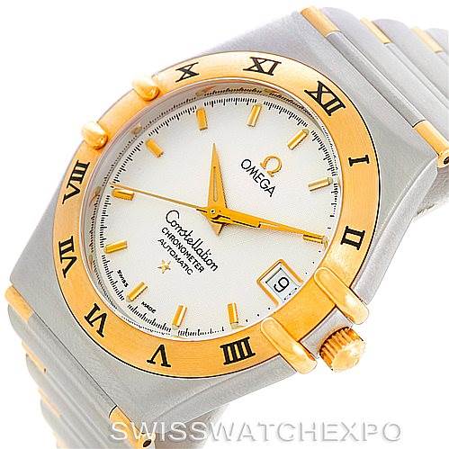 This image shows an angled view of an Omega Constellation 1302.30.00 Men's Steel and Gold (two tone) Silver Dial 1302.30.00 Men's Steel and Gold (two tone) Silver Dial watch, highlighting the face, bezel, and part of the bracelet.