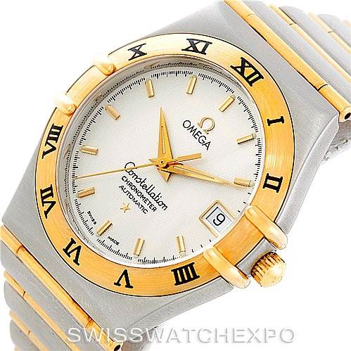 This image shows the Omega Constellation 1202.30.00 Men's Steel and Gold (two tone) Silver Dial 1202.30.00 Men's Steel and Gold (two tone) Silver Dial watch at an angled view, highlighting its bezel, dial, hands, and part of the bracelet.