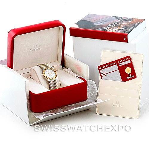The image shows an Omega Constellation 1202.30.00 Men's Steel and Gold (two tone) Silver Dial 1202.30.00 Men's Steel and Gold (two tone) Silver Dial watch in its box with an Omega international warranty card nearby.