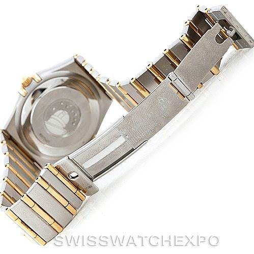The image shows the back and partially opened bracelet of an Omega Constellation 1202.30.00 Men's Steel and Gold (two tone) Silver Dial 1202.30.00 Men's Steel and Gold (two tone) Silver Dial watch, highlighting the clasp and links.