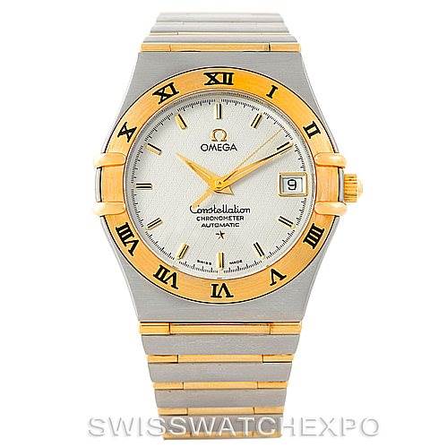 This image displays the front view of an Omega Constellation 1202.30.00 Men's Steel and Gold (two tone) Silver Dial 1202.30.00 Men's Steel and Gold (two tone) Silver Dial model watch, highlighting the dial, bezel, and part of the bracelet.