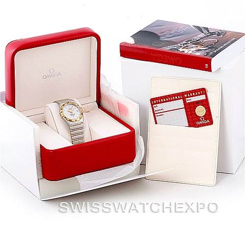 The image shows an Omega Constellation 1202.30.00 Men
s Steel and Gold (two tone) Silver Dial 1202.30.00 Men
s Steel and Gold (two tone) Silver Dial watch in its box with warranty card and instruction manual.