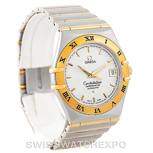 This image shows the face and band of the Omega Constellation 1202.30.00 Men
s Steel and Gold (two tone) Silver Dial 1202.30.00 Men
s Steel and Gold (two tone) Silver Dial watch, angled slightly from the front and side.