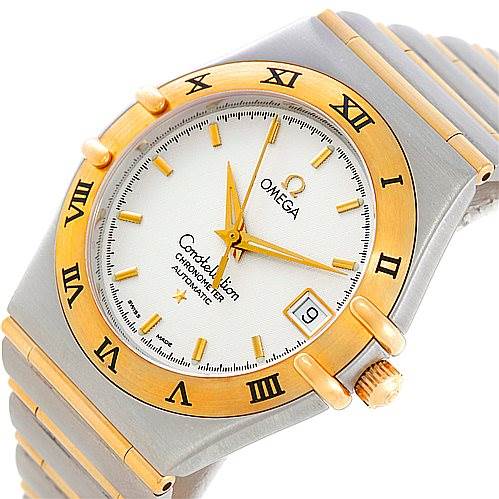 This image shows a frontal view of an Omega Constellation 1202.30.00 Men
s Steel and Gold (two tone) Silver Dial 1202.30.00 Men
s Steel and Gold (two tone) Silver Dial watch, highlighting the dial, bezel, hands, crown, and part of the bracelet.