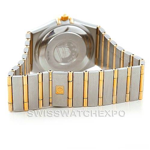 This image shows the back view of an Omega Constellation 1202.30.00 Men
s Steel and Gold (two tone) Silver Dial 1202.30.00 Men
s Steel and Gold (two tone) Silver Dial watch, focusing on the bracelet and case back.