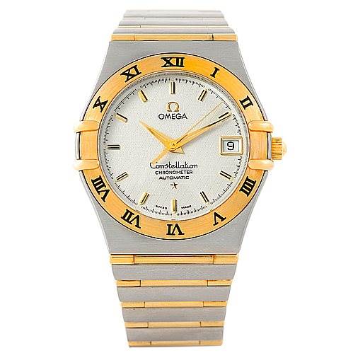The image shows a front view of an Omega Constellation 1202.30.00 Men's Steel and Gold (two tone) Silver Dial 1202.30.00 Men's Steel and Gold (two tone) Silver Dial watch, featuring a two-tone bezel, bracelet, and date window at 3 o'clock.