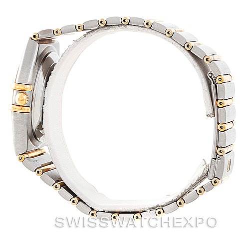 The image shows a side view of the Omega Constellation 1202.30.00 Men's Steel and Gold (two tone) Silver Dial 1202.30.00 Men's Steel and Gold (two tone) Silver Dial watch, focusing on its band and part of the case with gold accents.