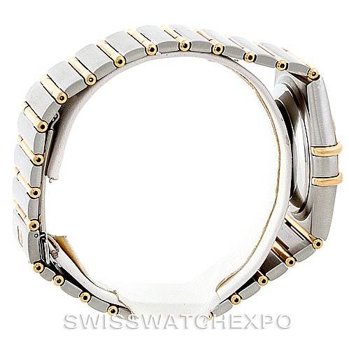 The Omega Constellation 1202.30.00 Men's Steel and Gold (two tone) Silver Dial 1202.30.00 Men's Steel and Gold (two tone) Silver Dial watch is shown from the side, highlighting its bracelet and case.