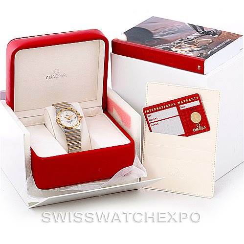 The image shows an Omega Constellation 1202.30.00 Men's Steel and Gold (two tone) Silver Dial 1202.30.00 Men's Steel and Gold (two tone) Silver Dial watch angled in an open red box, along with its warranty card and booklet.