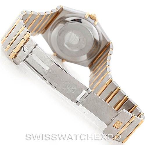 This image shows the back view of an Omega Constellation 1202.30.00 Men's Steel and Gold (two tone) Silver Dial 1202.30.00 Men's Steel and Gold (two tone) Silver Dial watch, highlighting the case back and bracelet clasp.