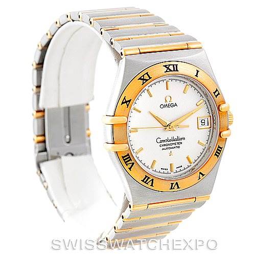 The image shows an Omega Constellation 1202.30.00 Men's Steel and Gold (two tone) Silver Dial 1202.30.00 Men's Steel and Gold (two tone) Silver Dial watch in a three-quarter angle, highlighting its band, bezel, and dial.
