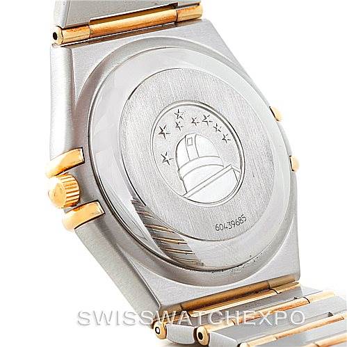 The image shows the case back and part of the bracelet of the Omega Constellation 1202.30.00 Men's Steel and Gold (two tone) Silver Dial 1202.30.00 Men's Steel and Gold (two tone) Silver Dial watch.