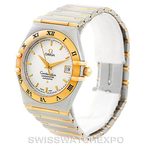 The image shows an angled view of an Omega Constellation 1202.30.00 Men's Steel and Gold (two tone) Silver Dial 1202.30.00 Men's Steel and Gold (two tone) Silver Dial watch, highlighting the face, bezel, date window, and part of the bracelet.